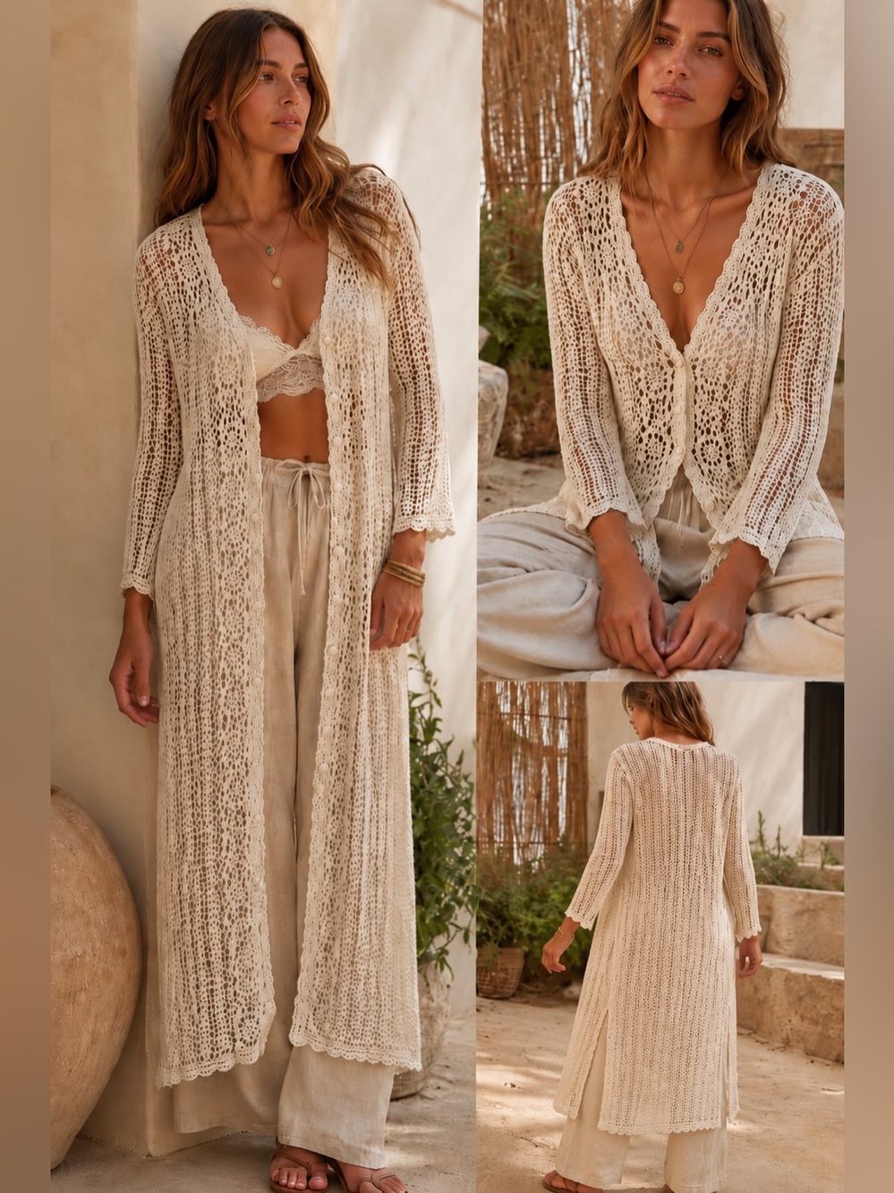 Boho Crochet Duster Cardigan Cream Open Knit Button Front Beachy Resortwear